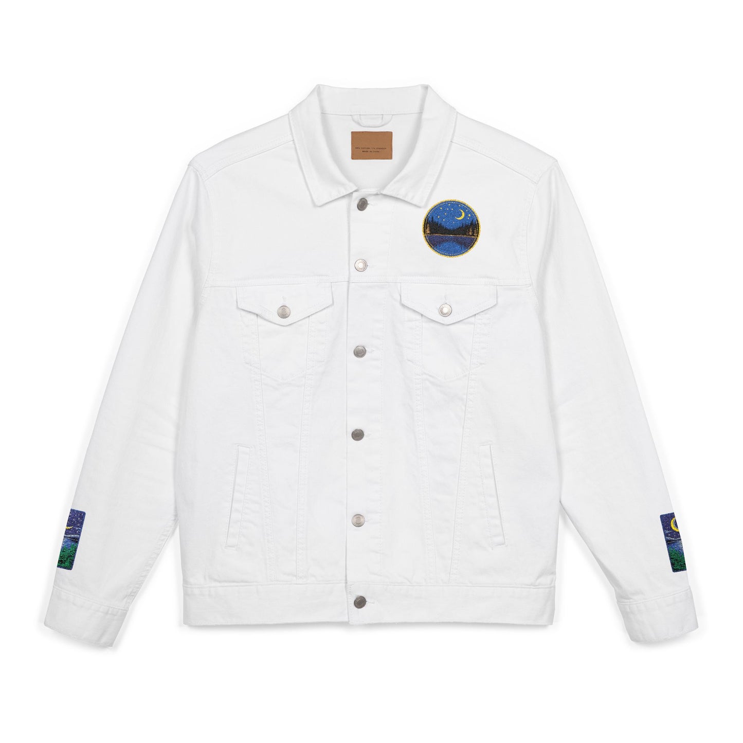 Night Lake Adventure E Denim Jacket - Mystical Moon & Forest Embroidered Patch Jean Jacket