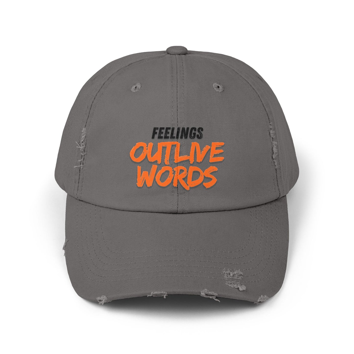 Unisex Distressed Cap with "Feelings Outlive Words" Inspirational Quote