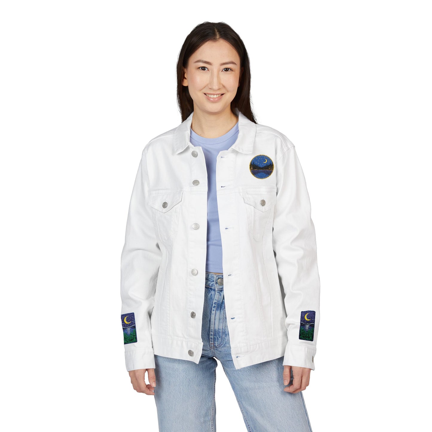 Night Lake Adventure E Denim Jacket - Mystical Moon & Forest Embroidered Patch Jean Jacket