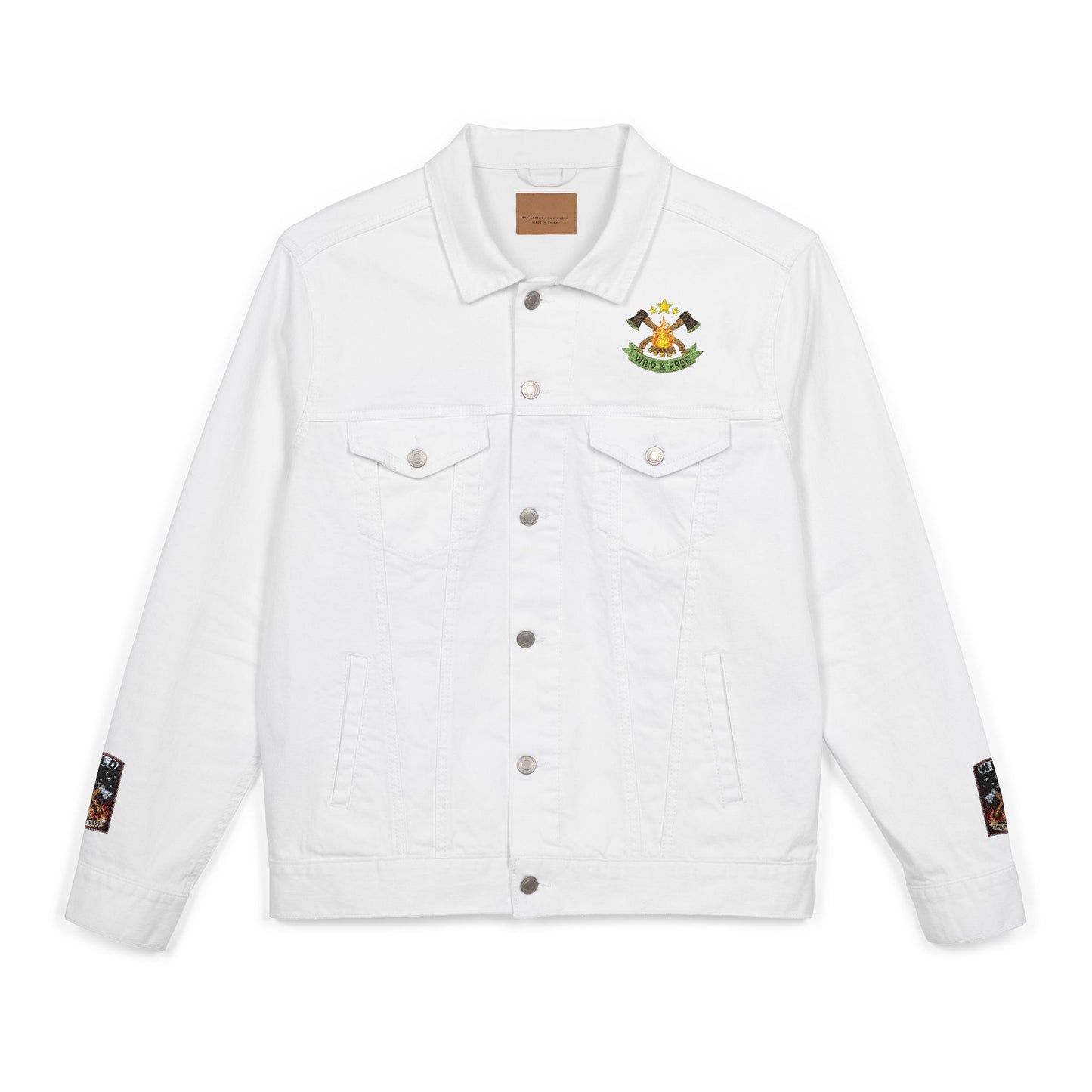 Road & Fire Lumberjack Denim Jacket - Axes & Pine Embroidered Jean Jacket