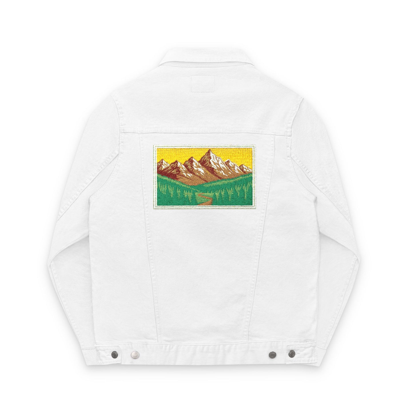 Embroidered Unisex Denim Jacket - Mountain and Floral Designs, Streetwear, Casual Outerwear, Gifts for Nature Lovers, Trendy Summer Jacket