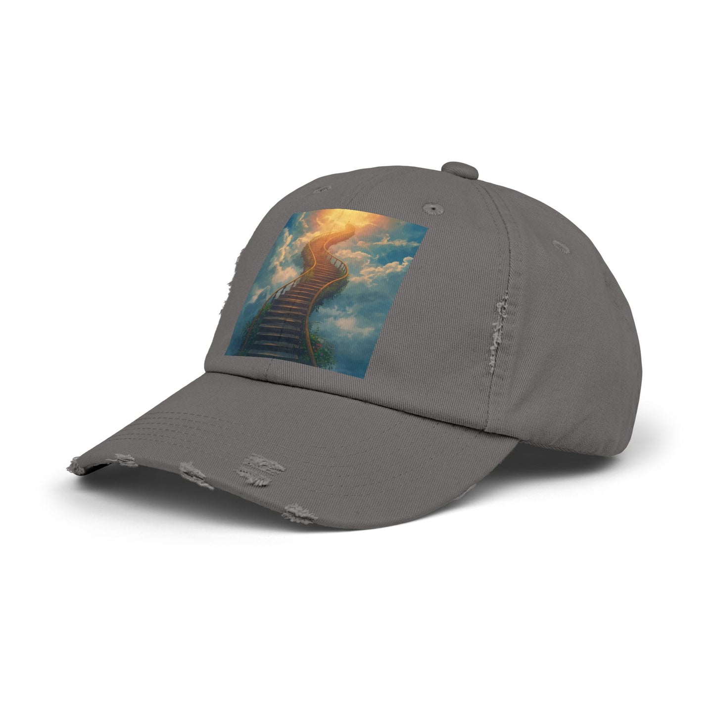 Unisex Distressed Cap with Inspirational Stairs Design
