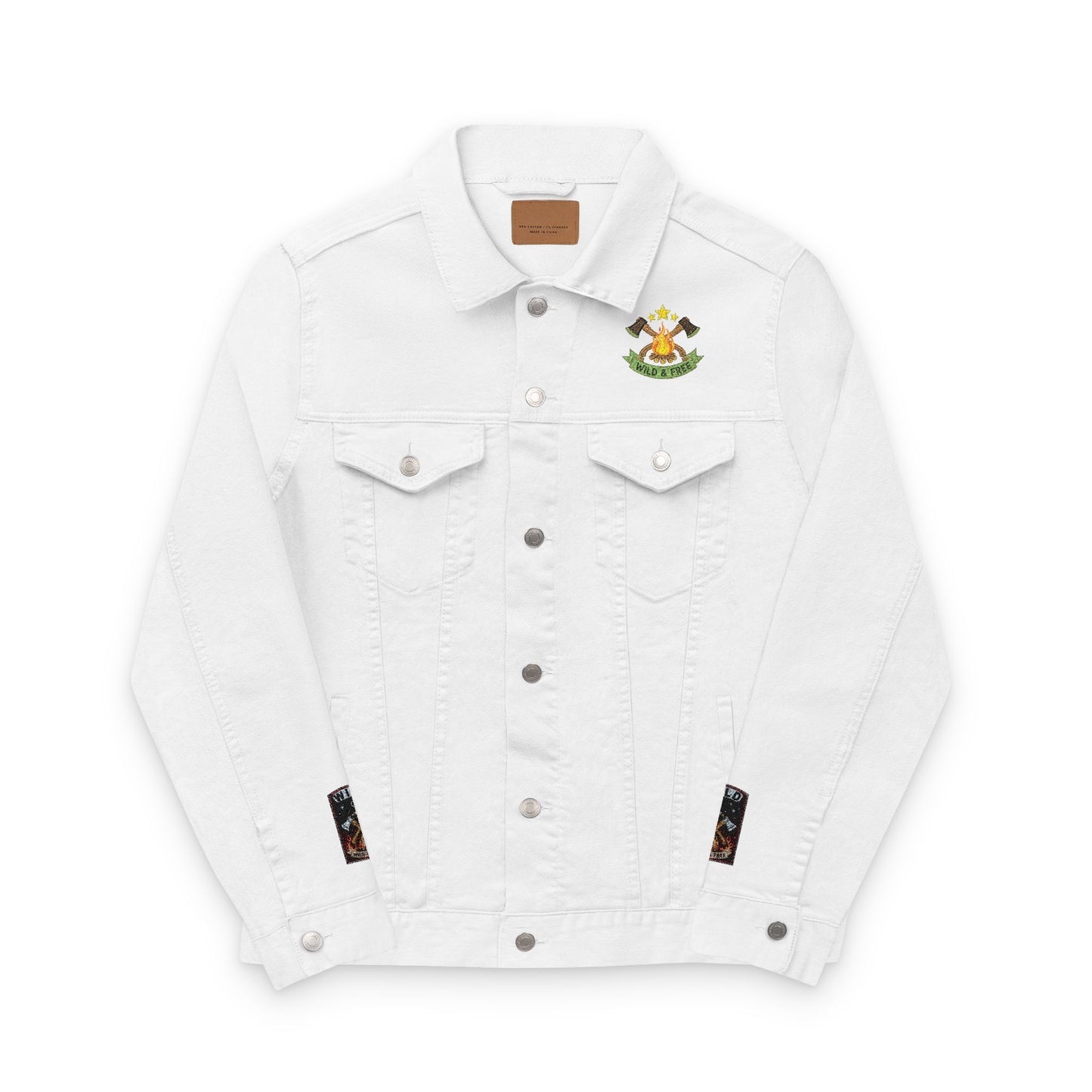 Road & Fire Lumberjack Denim Jacket - Axes & Pine Embroidered Jean Jacket