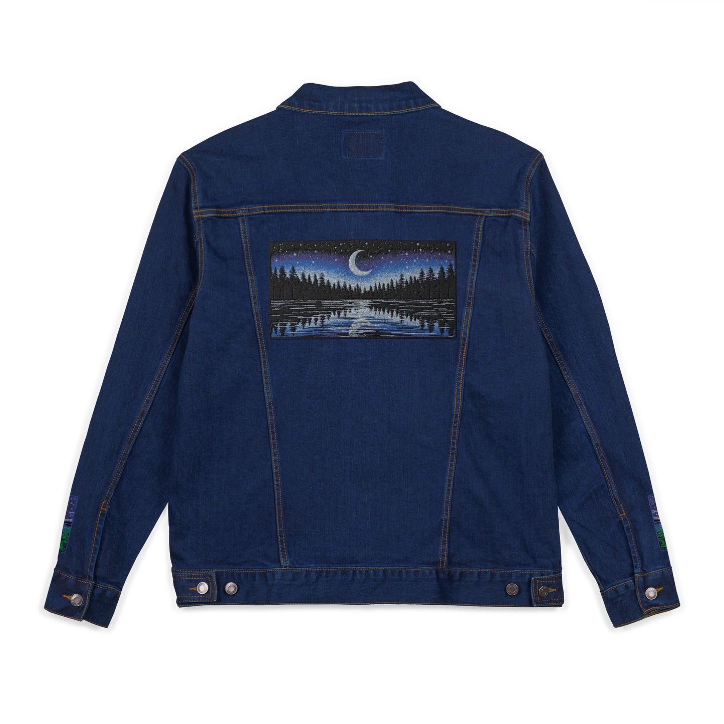 Night Lake Adventure E Denim Jacket - Mystical Moon & Forest Embroidered Patch Jean Jacket