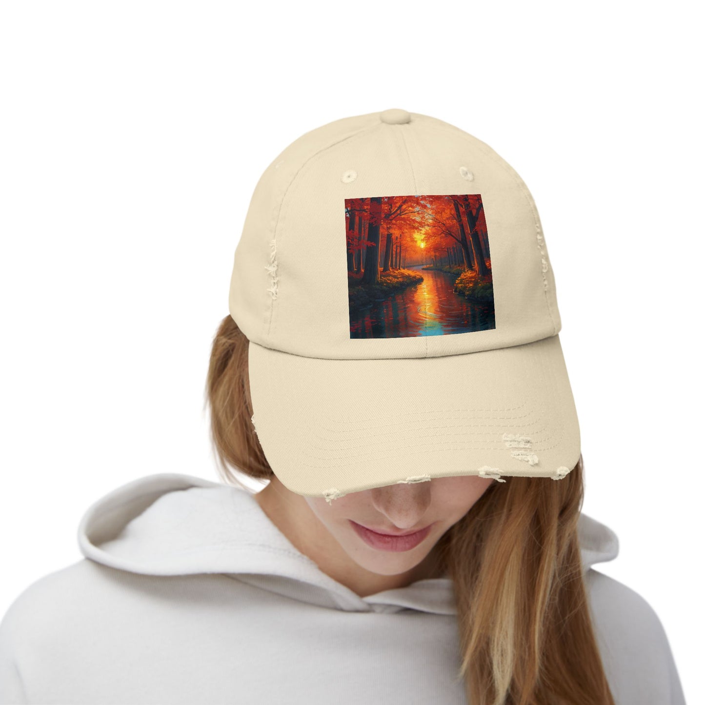Unisex Distressed Cap with Serene Autumn Scene