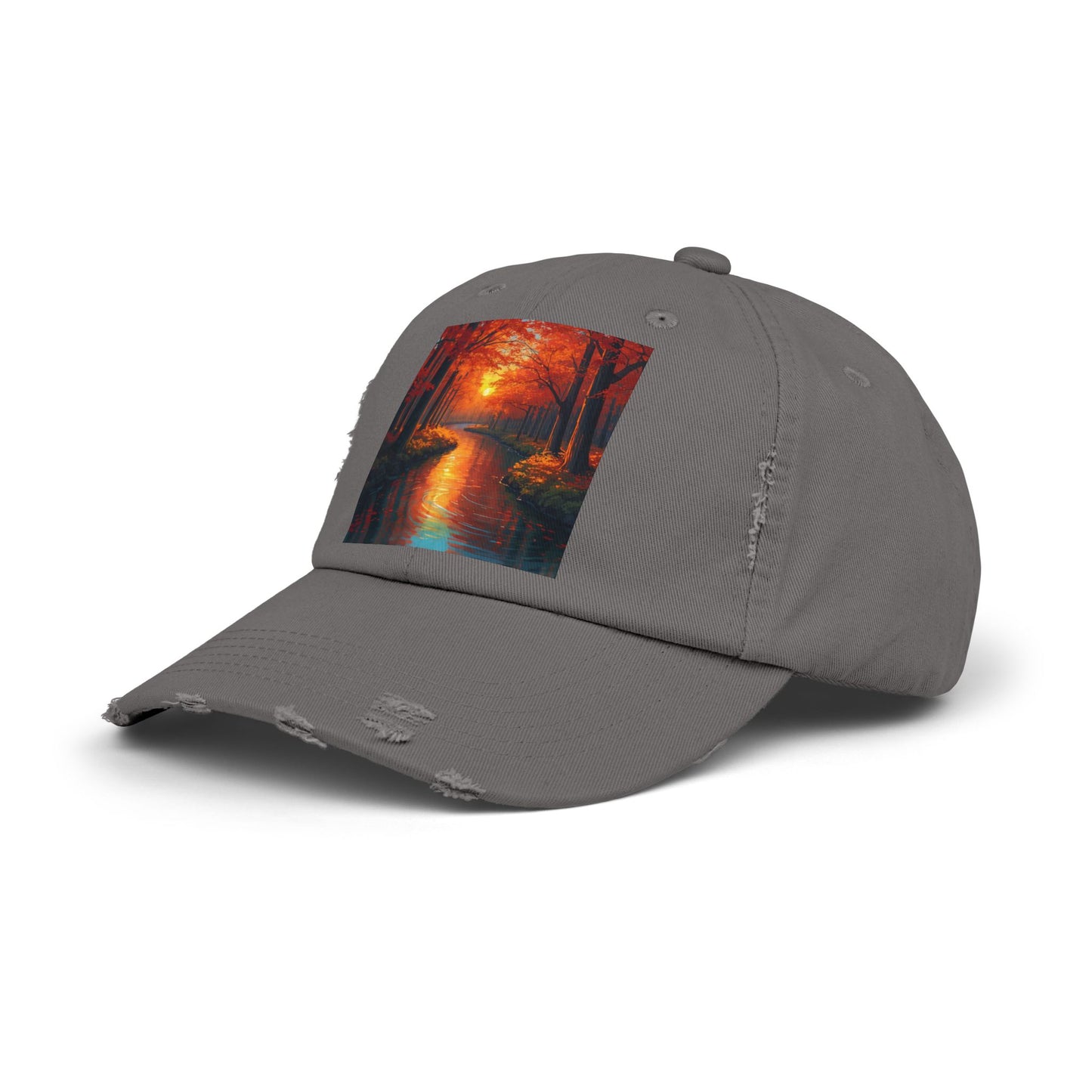 Unisex Distressed Cap with Serene Autumn Scene