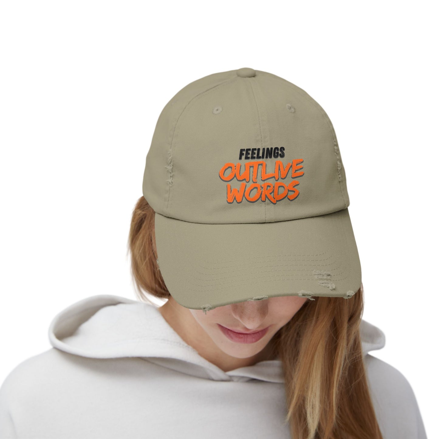 Unisex Distressed Cap with "Feelings Outlive Words" Inspirational Quote