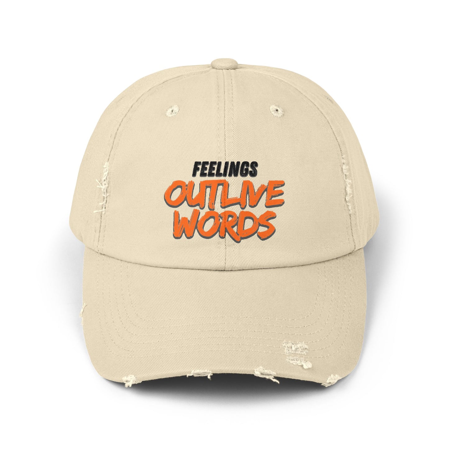 Unisex Distressed Cap with "Feelings Outlive Words" Inspirational Quote